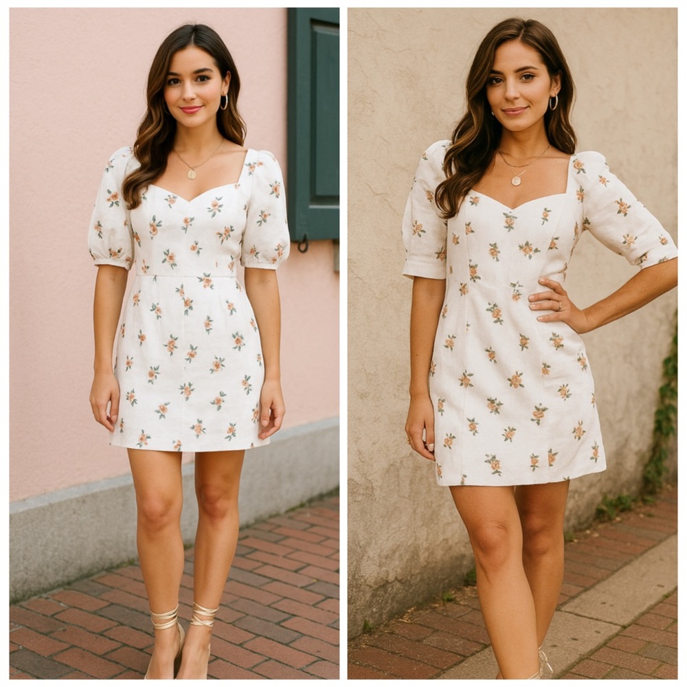 NWT BEC + BRIDGE White Floral Puff Sleeve Peachy Mini Dress Size 2